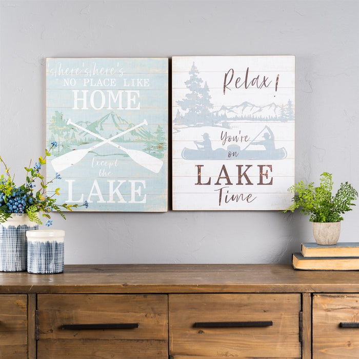 Melrose Wooden Lake Life Sentiment Sign, Set of 2, White/Brown/Blue