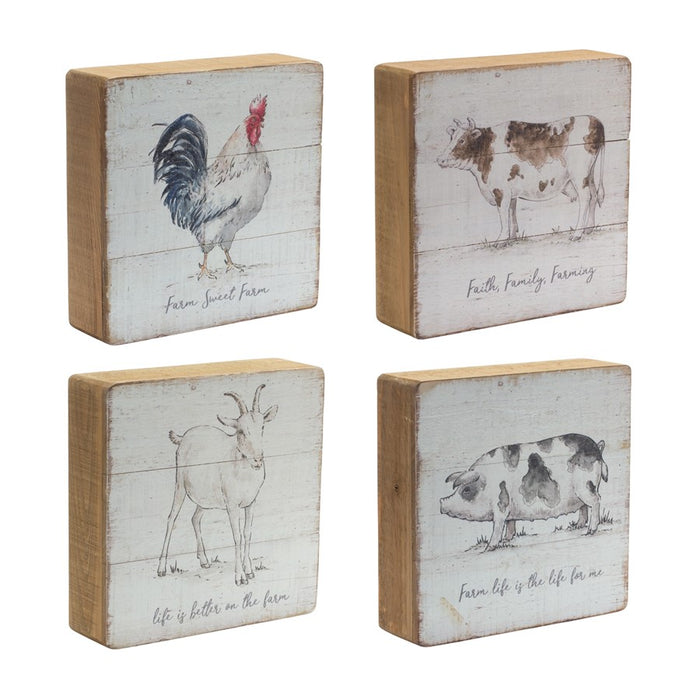 Melrose Rustic Wood Farm Animal Sentiment Block, Set of 4, White/Brown - 85631DS