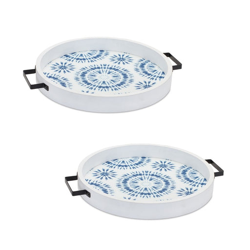 Melrose Round Wooden Tie-Dye Design Tray, Set of 2, Blue/White - 85657DS