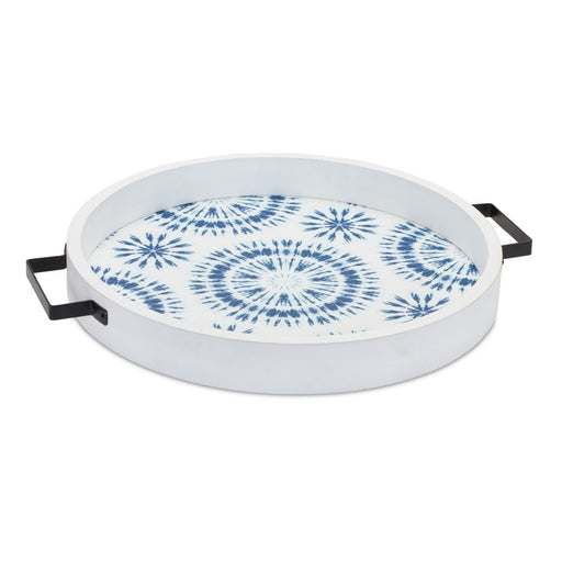 Melrose Round Wooden Tie-Dye Design Tray, Set of 2, Blue/White
