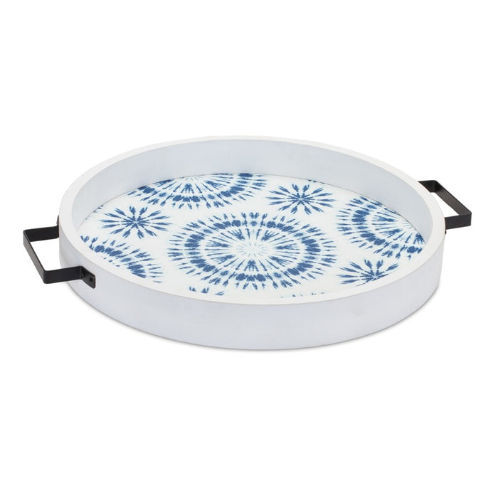 Melrose Round Wooden Tie-Dye Design Tray, Set of 2, Blue/White