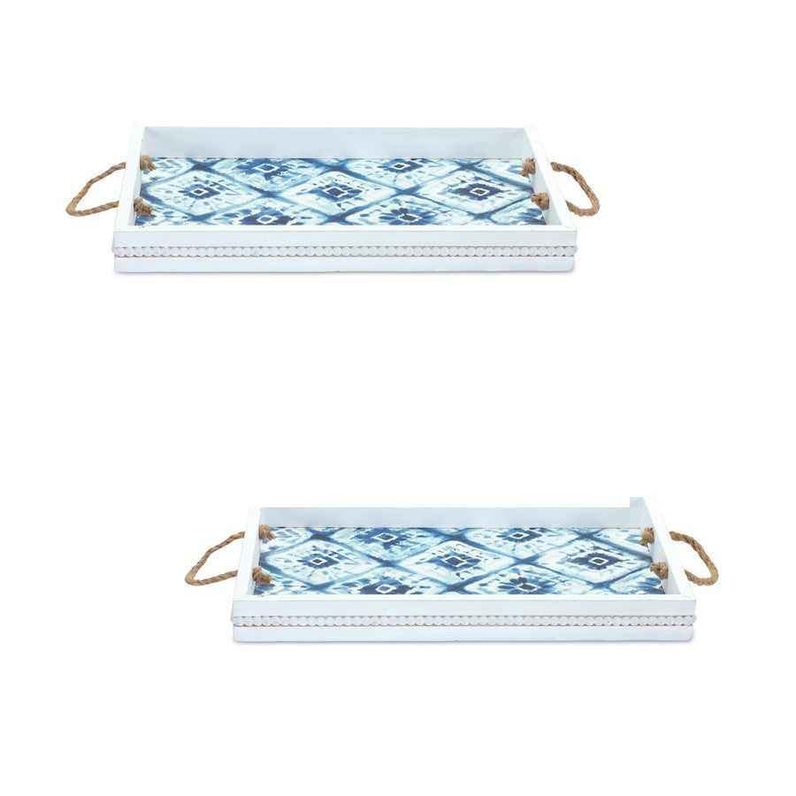 Melrose International Wooden Tie-Dye Design Tray, Set of 2, White/Blue - 85658DS