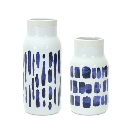 Melrose Two-Tone Tie Dye Design Ceramic Vase, Set of 2, Blue/White - 85661DS
