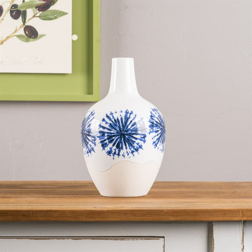 Melrose Two-Tone Tie Dye Design Ceramic Vase 11"H, White/Blue