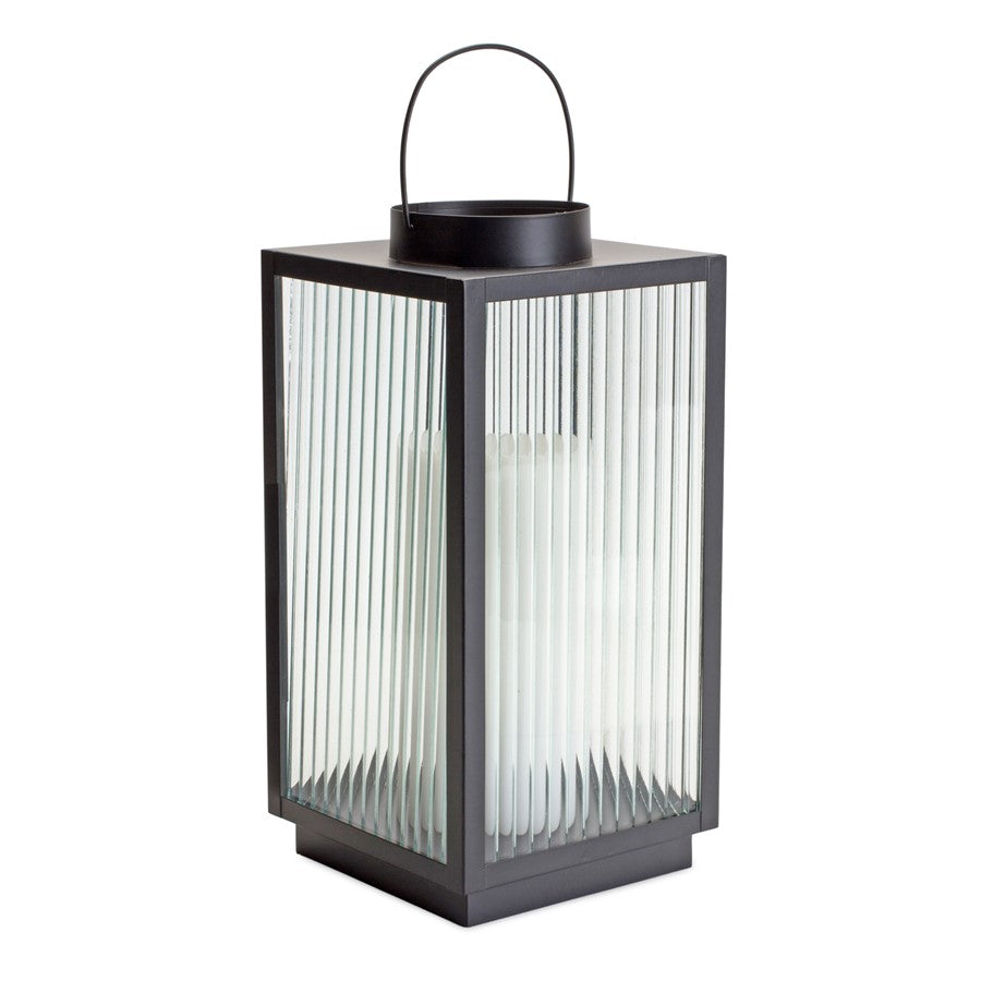 Melrose International Iron Metal Lantern/Ribbed Glass, Black/White - 85672DS