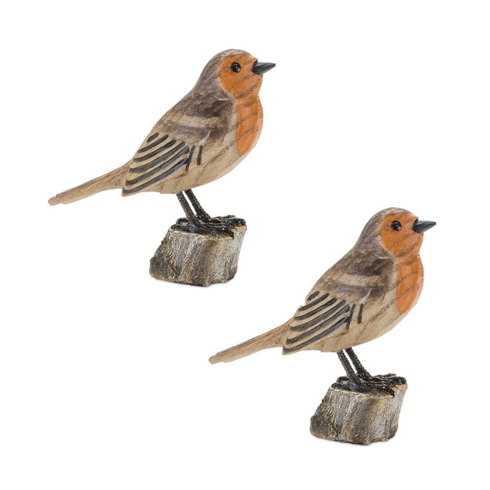 Melrose Rustic Stone Bird Figurine Perched on Stump, Set of 2, Brown - 85738DS
