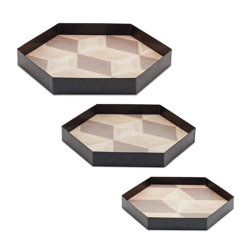 Melrose Geometric Wooden Tray/Metal Accent, Set of 3, Brown/Black - 85755DS