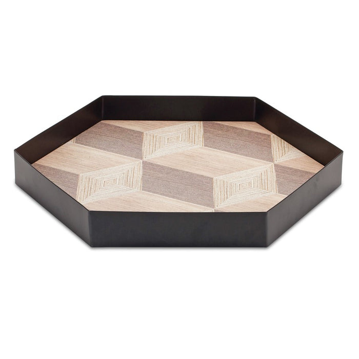 Melrose Geometric Wooden Tray/Metal Accent, Set of 3, Brown/Black