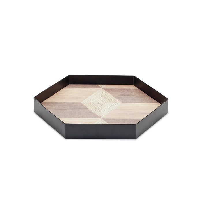 Melrose Geometric Wooden Tray/Metal Accent, Set of 3, Brown/Black