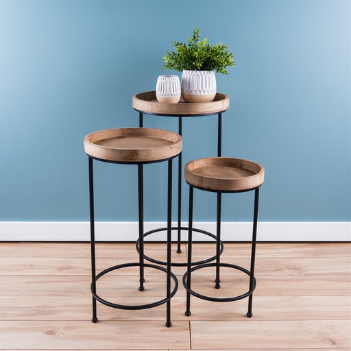 Melrose Round Wood/Metal Plant Stand Table, Set of 2, Brown