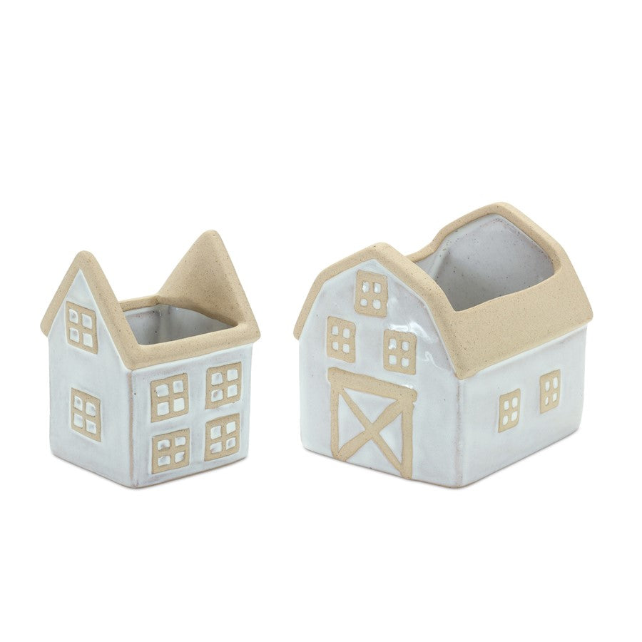 Melrose Neutral Porcelain House/Barn Planter (Set of 2), Beige/White - 85785DS