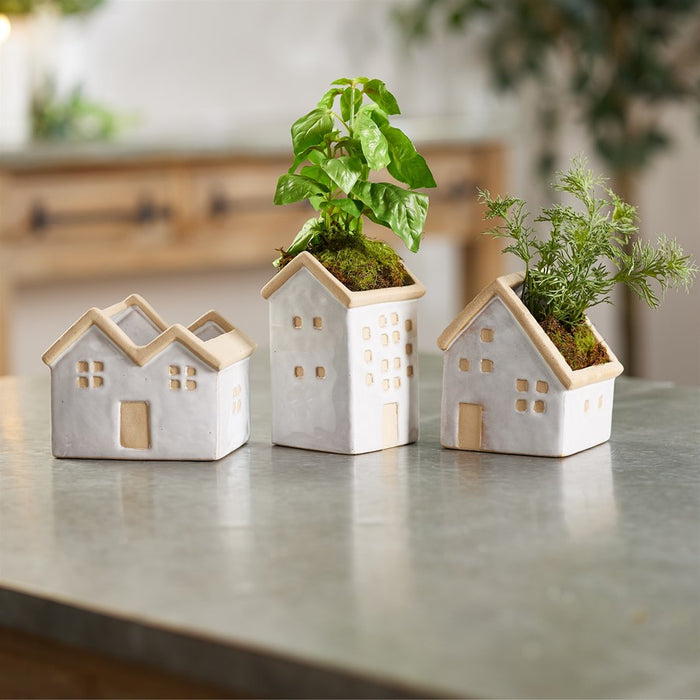 Melrose Neutral Porcelain House Planter (Set of 3), White/Brown