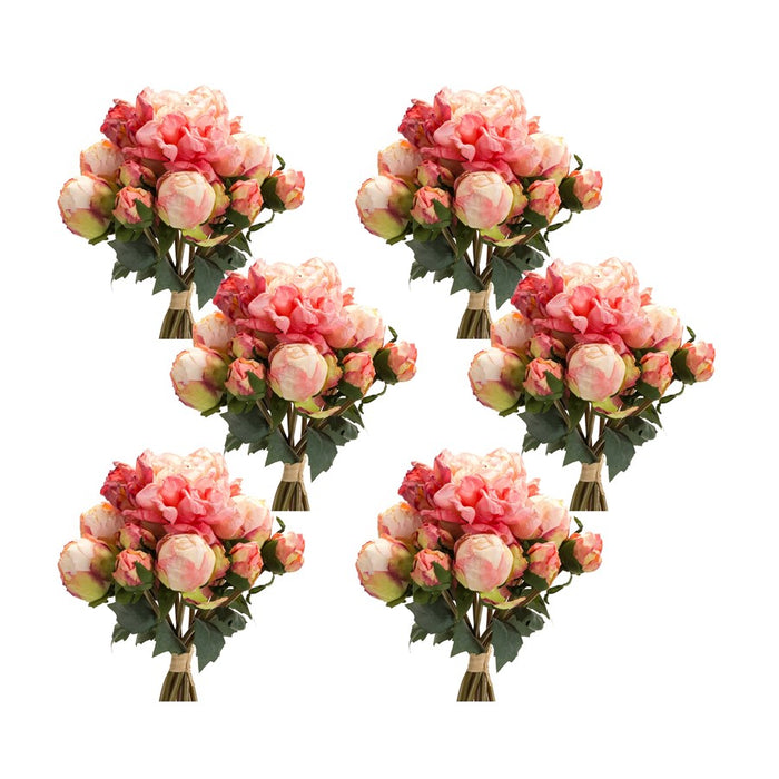 Melrose Coral Pink Peony Flower Bouquet Bundle, Set of 6, Green - 85813DS