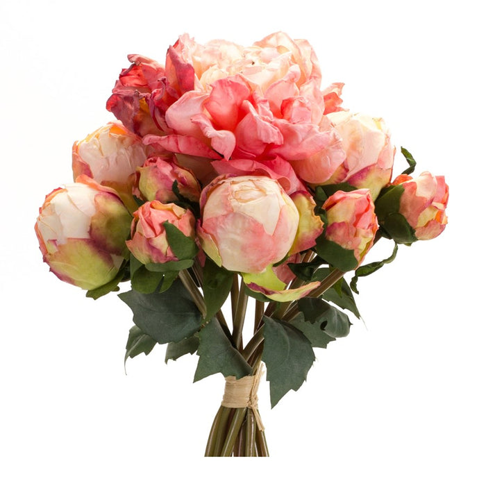 Melrose Coral Pink Peony Flower Bouquet Bundle, Set of 6, Green