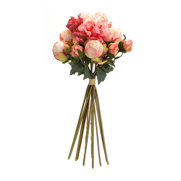 Melrose Coral Pink Peony Flower Bouquet Bundle, Set of 6, Green