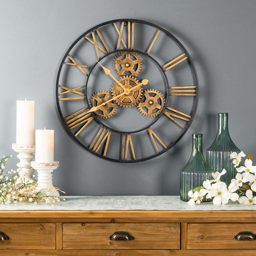 Melrose Industrial Iron Gears Wall Clock/Roman Numerals, Gold/Black