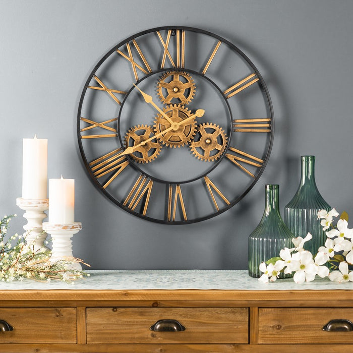 Melrose Industrial Iron Gears Wall Clock/Roman Numerals, Gold/Black