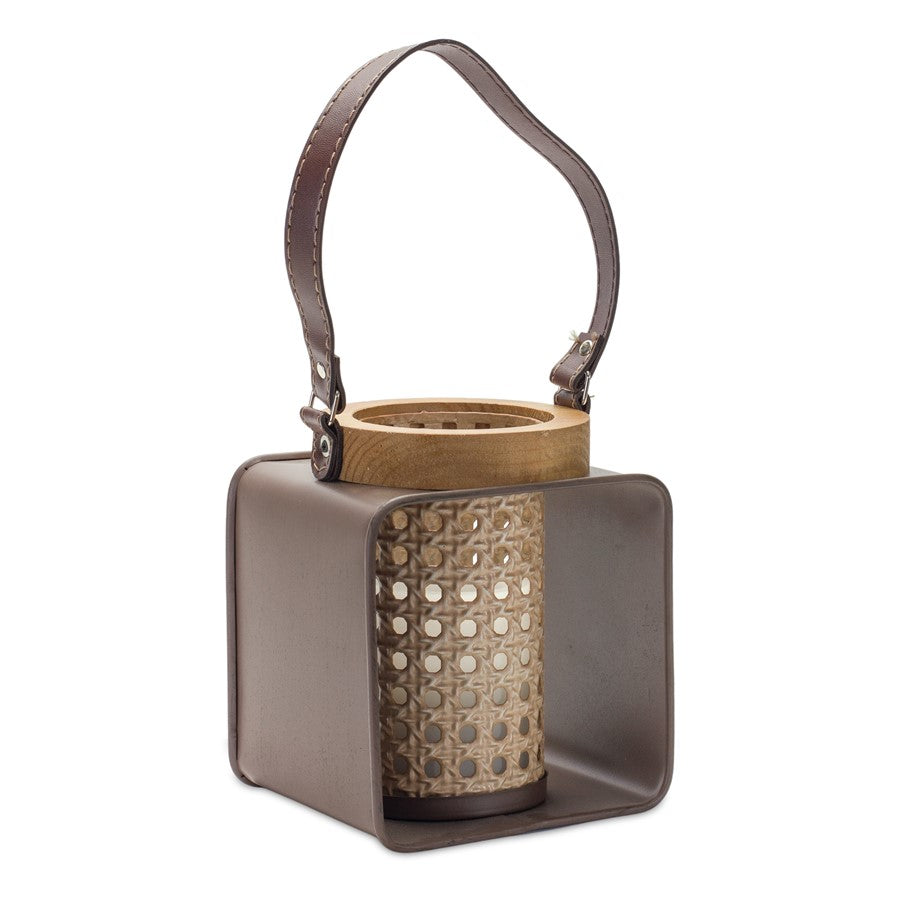 Melrose International Metal Candle Holder/Wood/Leather Accents, Brown - 85910DS