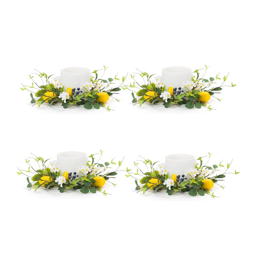 Melrose Lemon/Blue Berry Floral Candle Ring, Set of 6, Green/Yellow - 85934DS