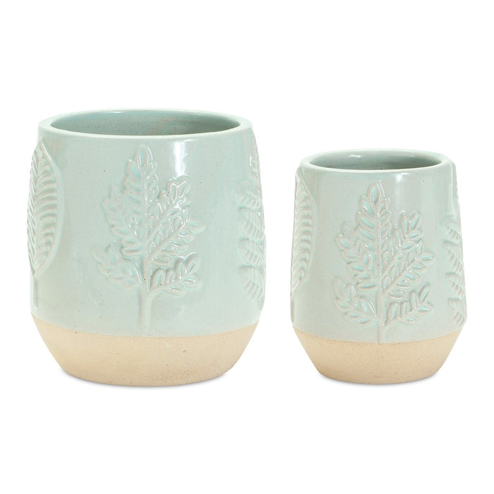 Melrose Two-Tone Porcealin Planter/Leaf Design (Set of 2), Green/Tan - 85942DS