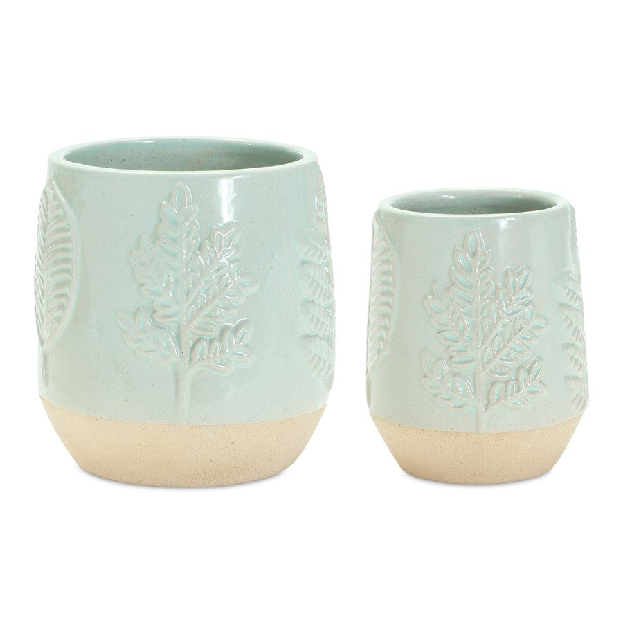 Melrose Two-Tone Porcealin Planter/Leaf Design (Set of 2), Green/Tan - 85942DS