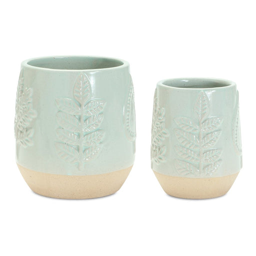 Melrose Two-Tone Porcealin Planter/Leaf Design (Set of 2), Green/Tan