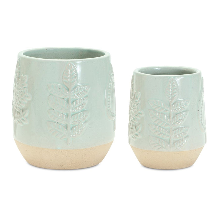 Melrose Two-Tone Porcealin Planter/Leaf Design (Set of 2), Green/Tan