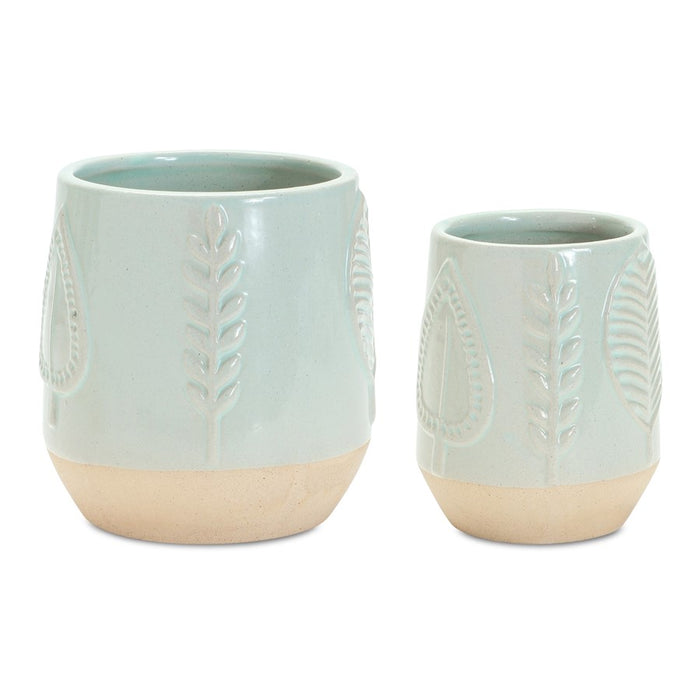 Melrose Two-Tone Porcealin Planter/Leaf Design (Set of 2), Green/Tan