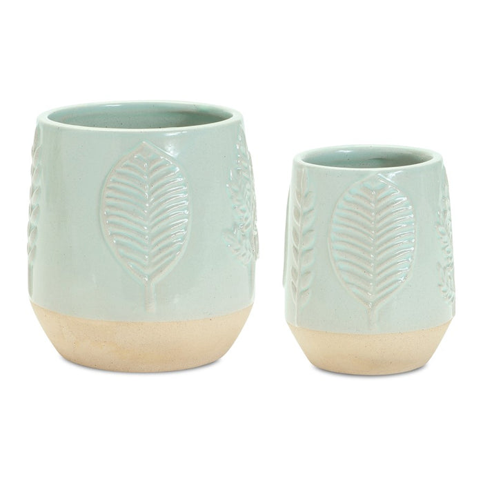 Melrose Two-Tone Porcealin Planter/Leaf Design (Set of 2), Green/Tan