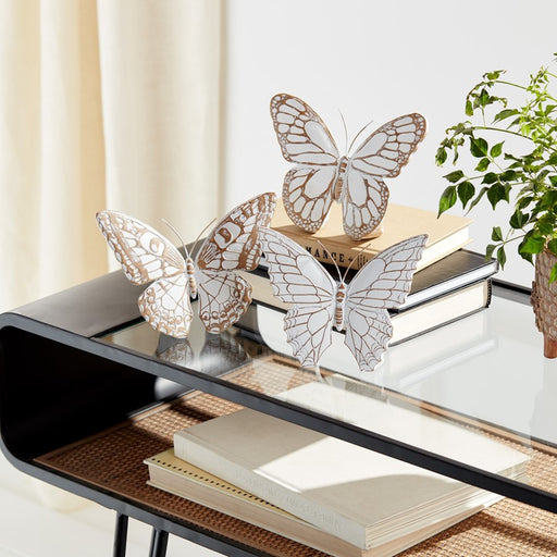 Melrose Stone Butterfly Shelf Sitter/Set of 3, White/Brown