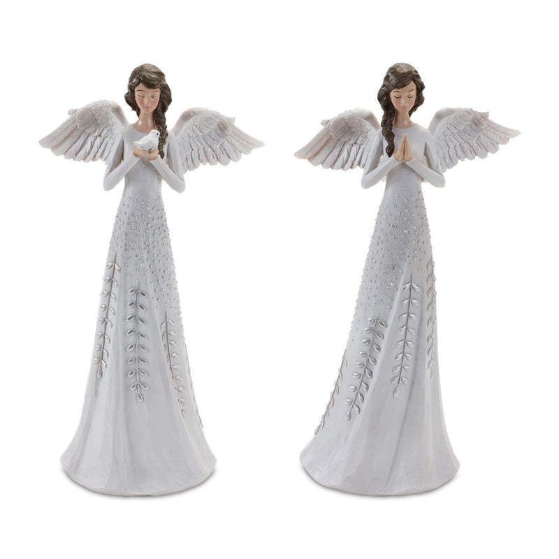 Melrose Angel Figurine/Silver Floral Accent, Set of 2, White/Silver - 86014DS