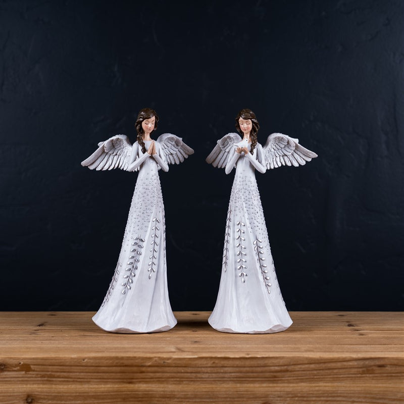 Melrose Angel Figurine/Silver Floral Accent, Set of 2, White/Silver