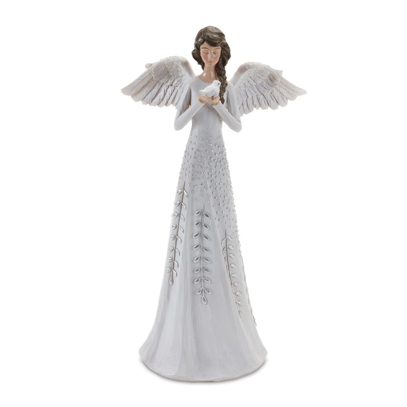 Melrose Angel Figurine/Silver Floral Accent, Set of 2, White/Silver