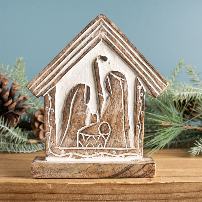 Melrose International Wood Carved Nativity Barn, Set of 2, Brown