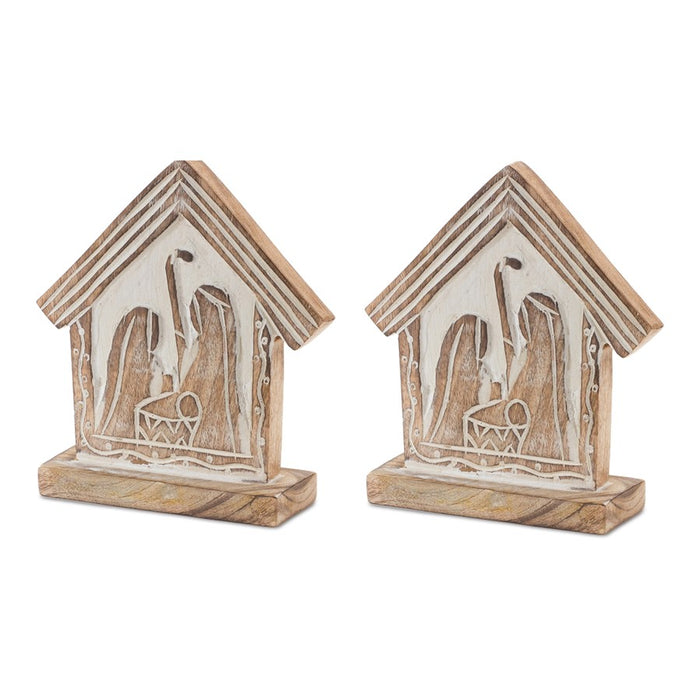 Melrose International Wood Carved Nativity Barn, Set of 2, Brown