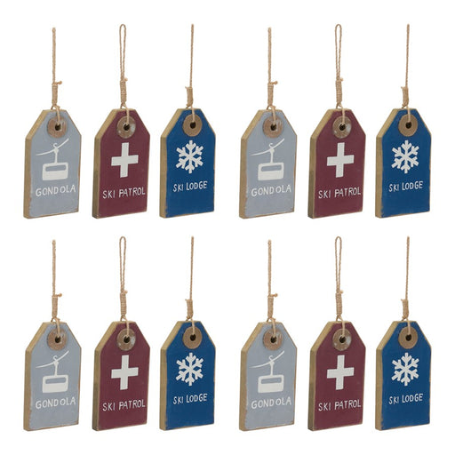 Melrose International Wood Ski Tag Ornament, Set of 12, Blue/Red/Grey