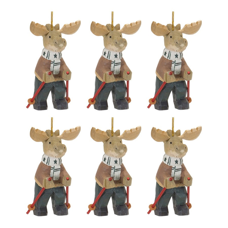 Melrose Int. Moose on Skis Ornament, Set of 6, Brown/Black/Tan