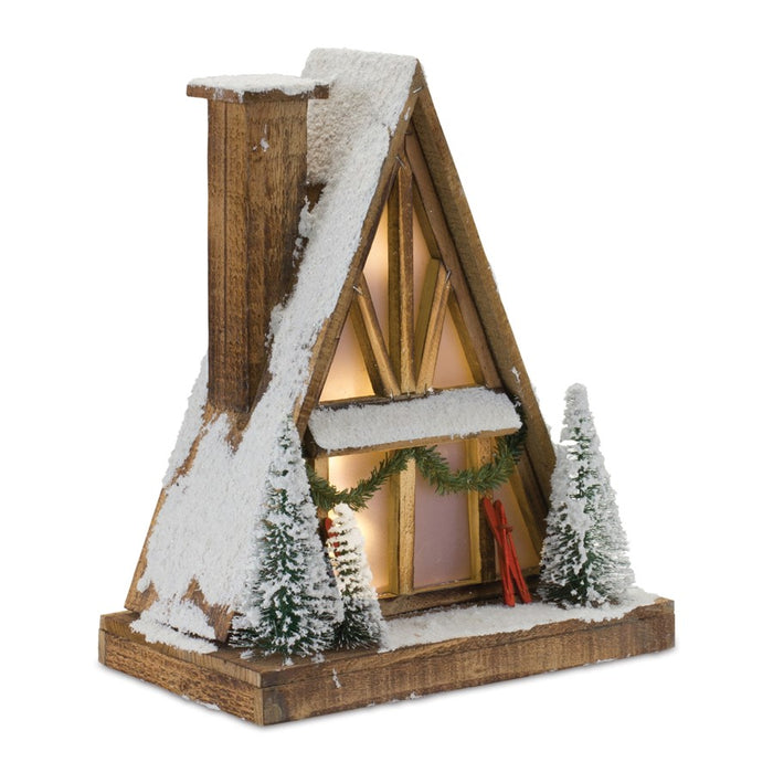 Melrose Vintage A-Frame Ski Lodge Lighted Display 16.5"H, Brown/White - 86085DS