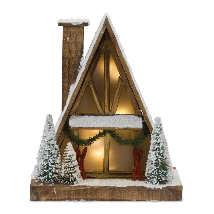 Melrose Vintage A-Frame Ski Lodge Lighted Display 16.5"H, Brown/White