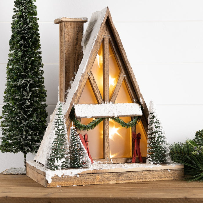 Melrose Vintage A-Frame Ski Lodge Lighted Display 16.5"H, Brown/White