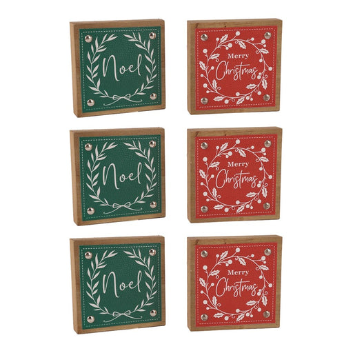 Melrose Holiday Sentiment Sign/Faux Leather Accent, Set/6, Green/Red
