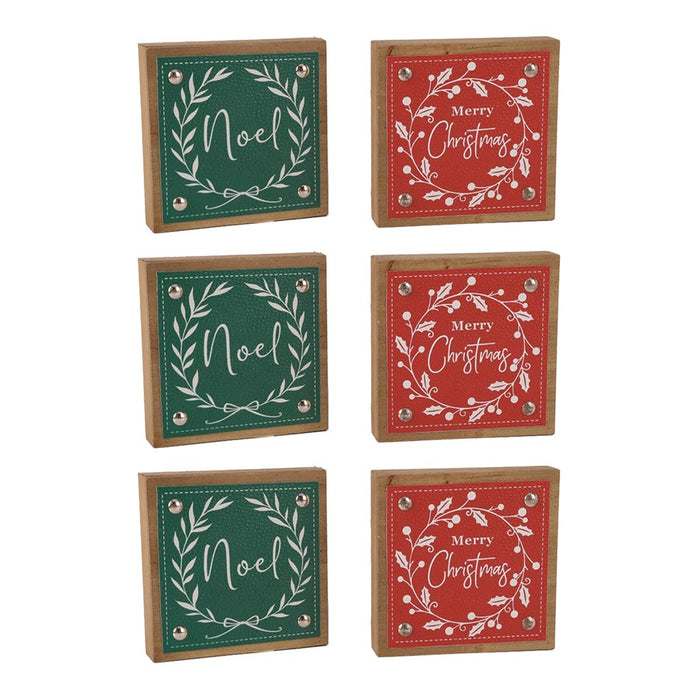 Melrose Holiday Sentiment Sign/Faux Leather Accent, Set/6, Green/Red