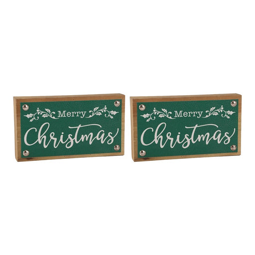 Melrose Merry Christmas Sign/Faux Leather Accent, Set of 2, Green