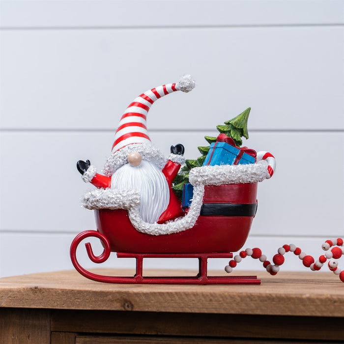 Melrose Santa Gnome, Sleigh Figurine, Set of 2, Red/White/Green
