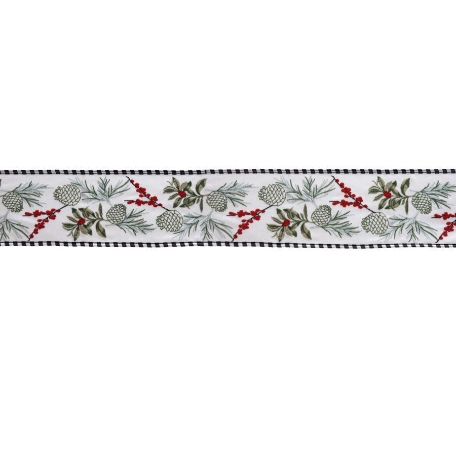 Melrose International Wired Polyester Ribbon 4"x5 yds, White/Green/Red - 86142DS