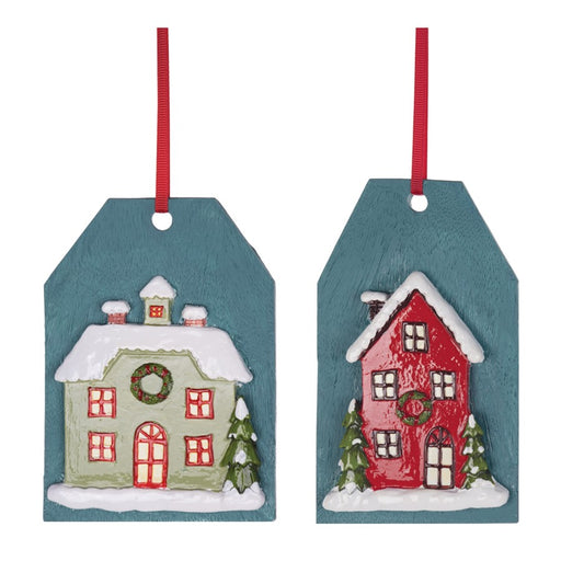 Melrose International Winter House Tag Ornament, Set of 6, Red/Blue - 86143DS