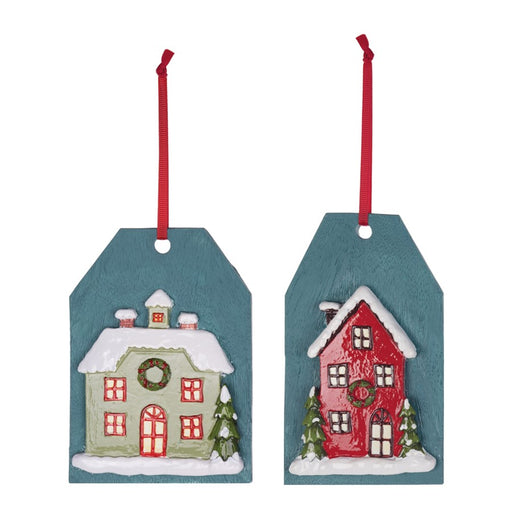 Melrose International Winter House Tag Ornament, Set of 6, Red/Blue