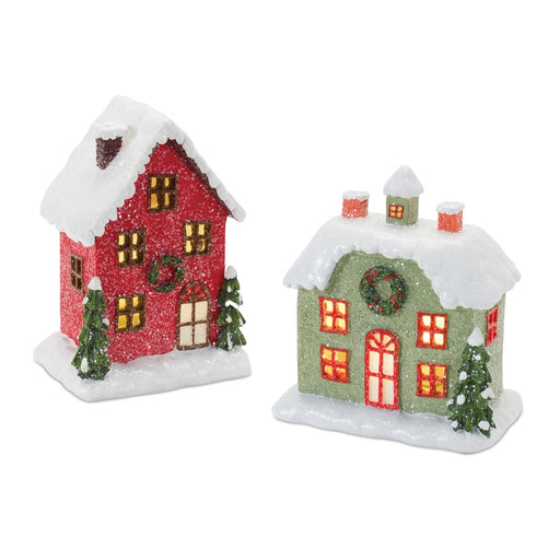 Melrose Lighted Winter Village Houses, Set of 2, Red/Green - 86146DS
