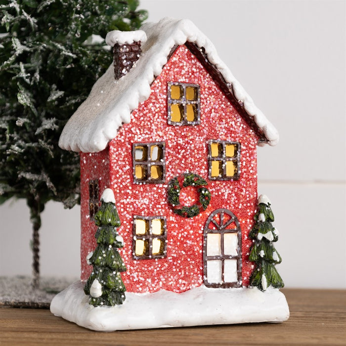 Melrose Lighted Winter Village Houses, Set of 2, Red/Green