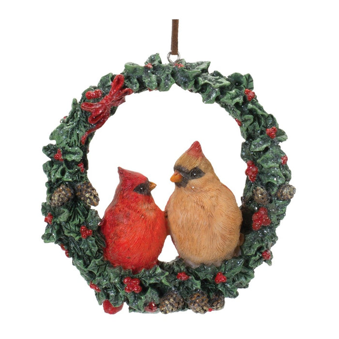 Melrose Cardinal Bird Couple Wreath Ornament, Set of 4, Green/Red - 86165DS